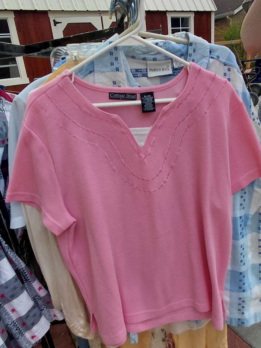 Pink Short-Sleeve Knit Top with Notch Detail